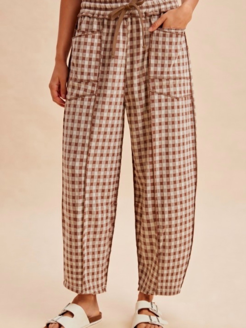 Anniewear Gingham checkered Drawstring brushed knit barrel Pants - Brown/cream - Picture 2 of 5